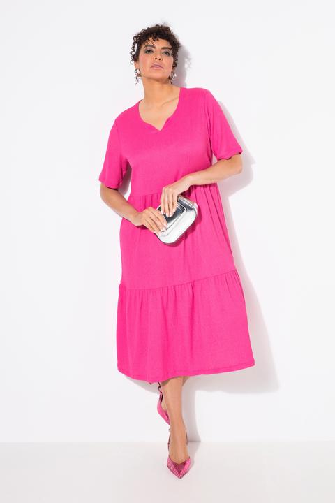 Actual product image Ulla Popken Tiered Flounce Panel Short Sleeve Split Neck Dress (46, 48)