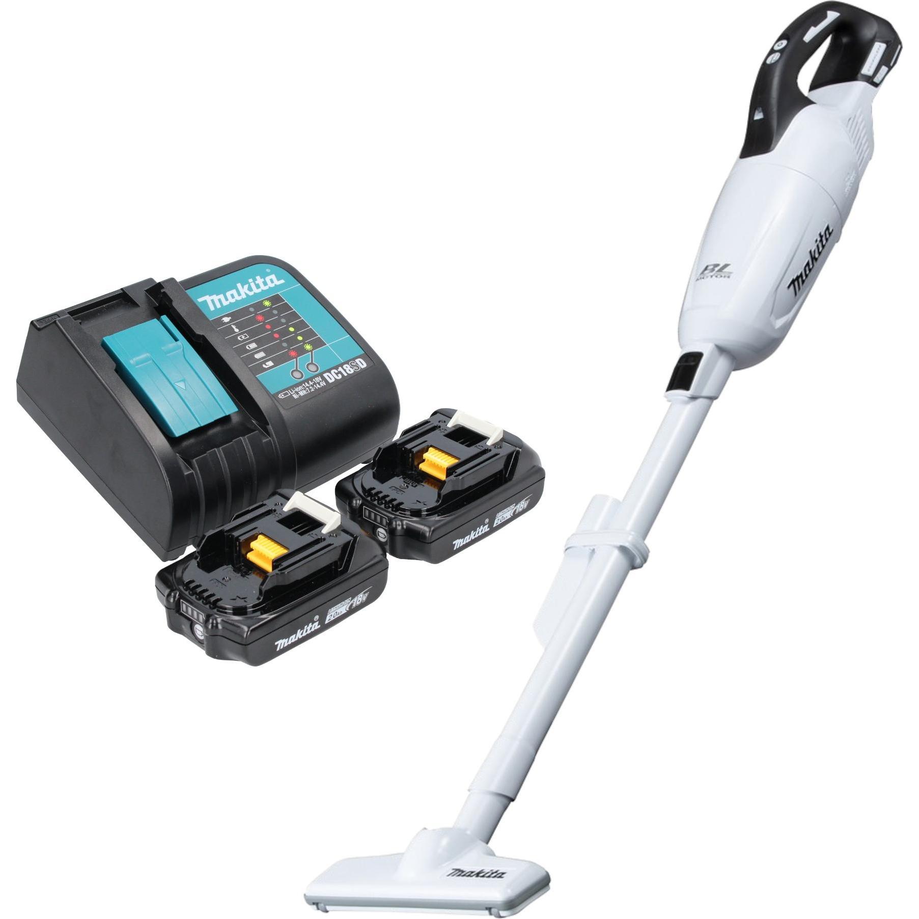 Makita DCL 281 FSAW Akku Staubsauger 18 V weiss Brushless + 2x Akku 2,0 Ah + Ladegerät, Staubsauger, Weiss
