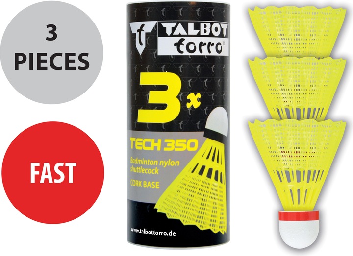 Actual product image Talbot Torro Badminton ball Tech 350, fast, yellow/red durable leisure and training nylon shuttlecock with