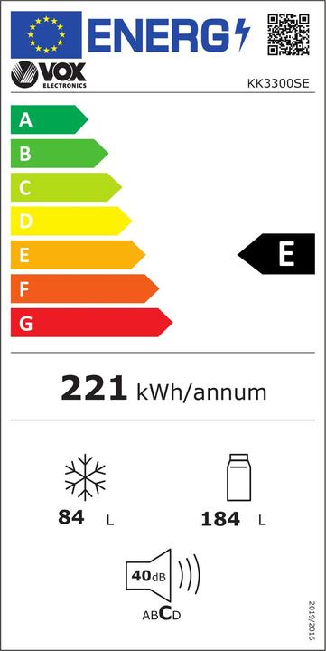 Energie-Label Vox Kombi-Kühlschrank KK 3300 S E (E, H:184 l, Z:84 l, LessFrost, silber) (268 l)