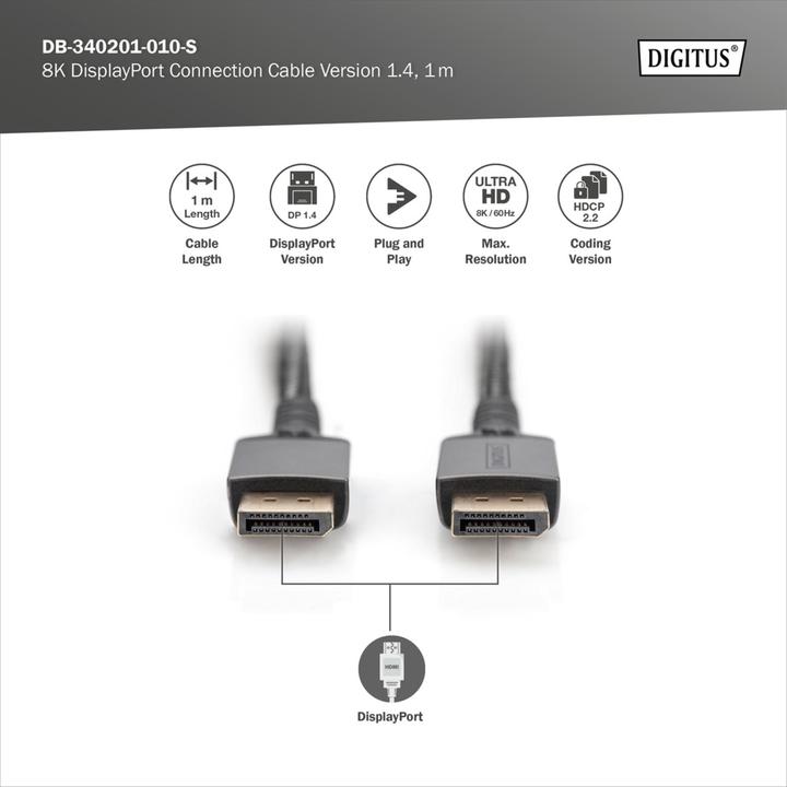 Produktbild Digitus 8K DisplayPort Anschlusskabel 1.4 Version (1 m, DisplayPort, 1.4)