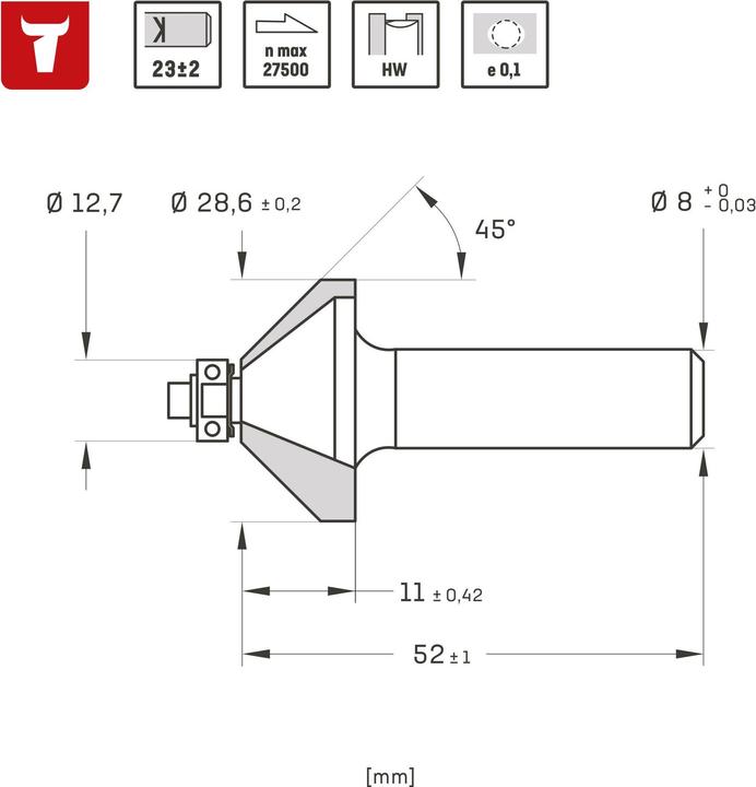 Produktbild Stier Fasenfräser 45° Ø 28,6 mm Schaft- Ø 8 mm HM (HW) mit Kugellager