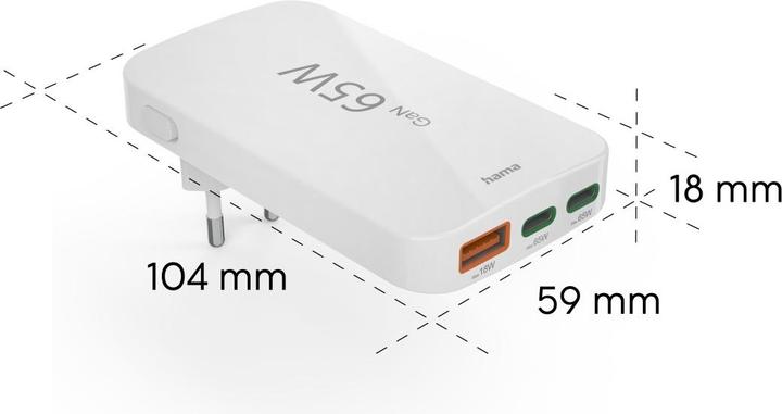 Immagine prodotto Hama Schnellladegerät, 2x USB-C, 1x USB-A, flaches Mini-Ladegerät, PD, 65 W, WS (65 W, 3 porte)
