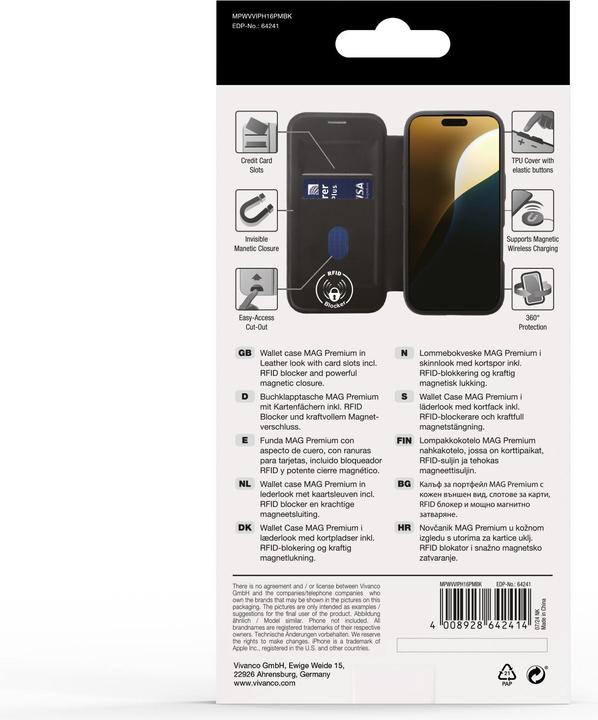 Actual product image Vivanco MAG PREMIUM Wallet for iPhone 16 Pro Max, black 2.0m Drop-Protection, MagSafe Support (Apple iPhone 16 Pro Max)