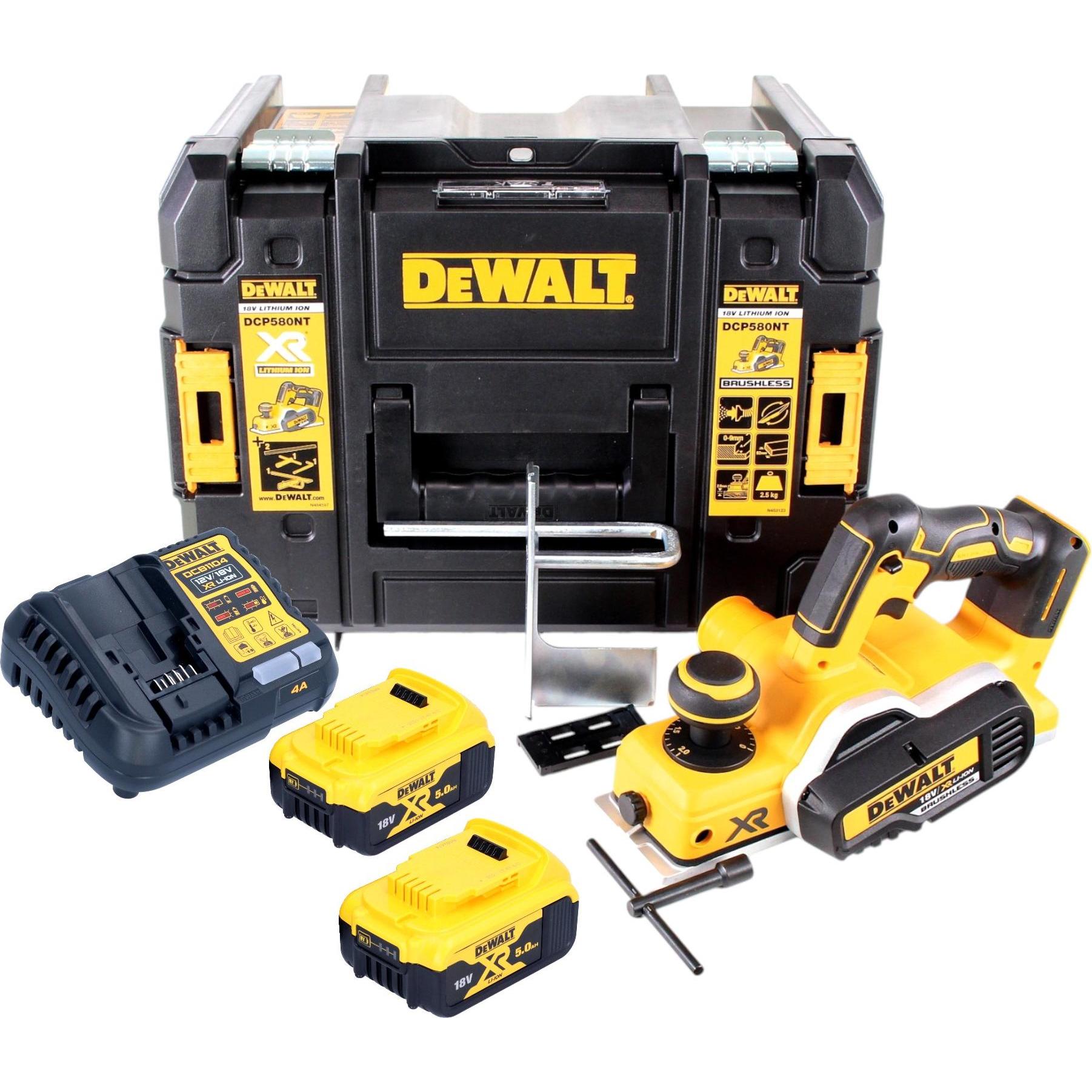 Thumbnail - DeWalt, Hobelmaschine, DCP 580 P2 Akku Hobel 18V 82mm + 2x Akku 5,0Ah + Ladegerät + TSTAK