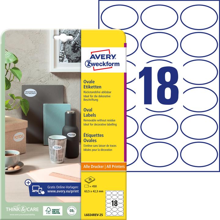 Produktbild Avery Ovale Etiketten, ablösbar