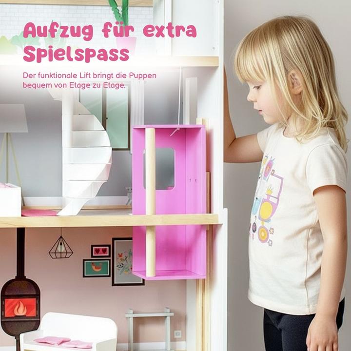 Actual product image Hermex 33-tlg. XXL Puppenhaus aus Holz Puppenvilla Spielhaus für Barbies