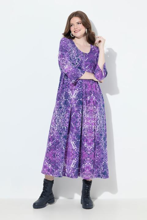 Image du produit Ulla Popken Robe midi imprimé marbre, coupe évasée, décolleté rond et manches 3/4 (46, 48)