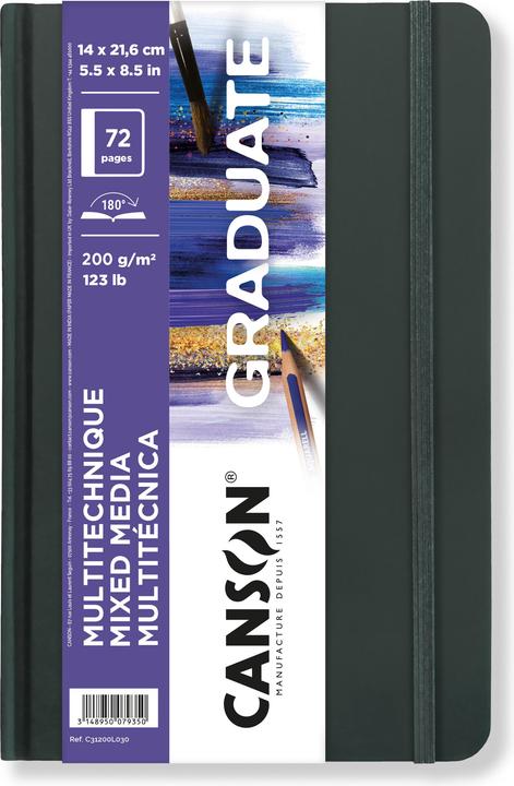 Actual product image Canson GRADUATE Mixed Media sketchbook, 140 x 216 mm black, 36 sheets, white paper 200 gsm, hardcover (A5, Plain, Hardcover)