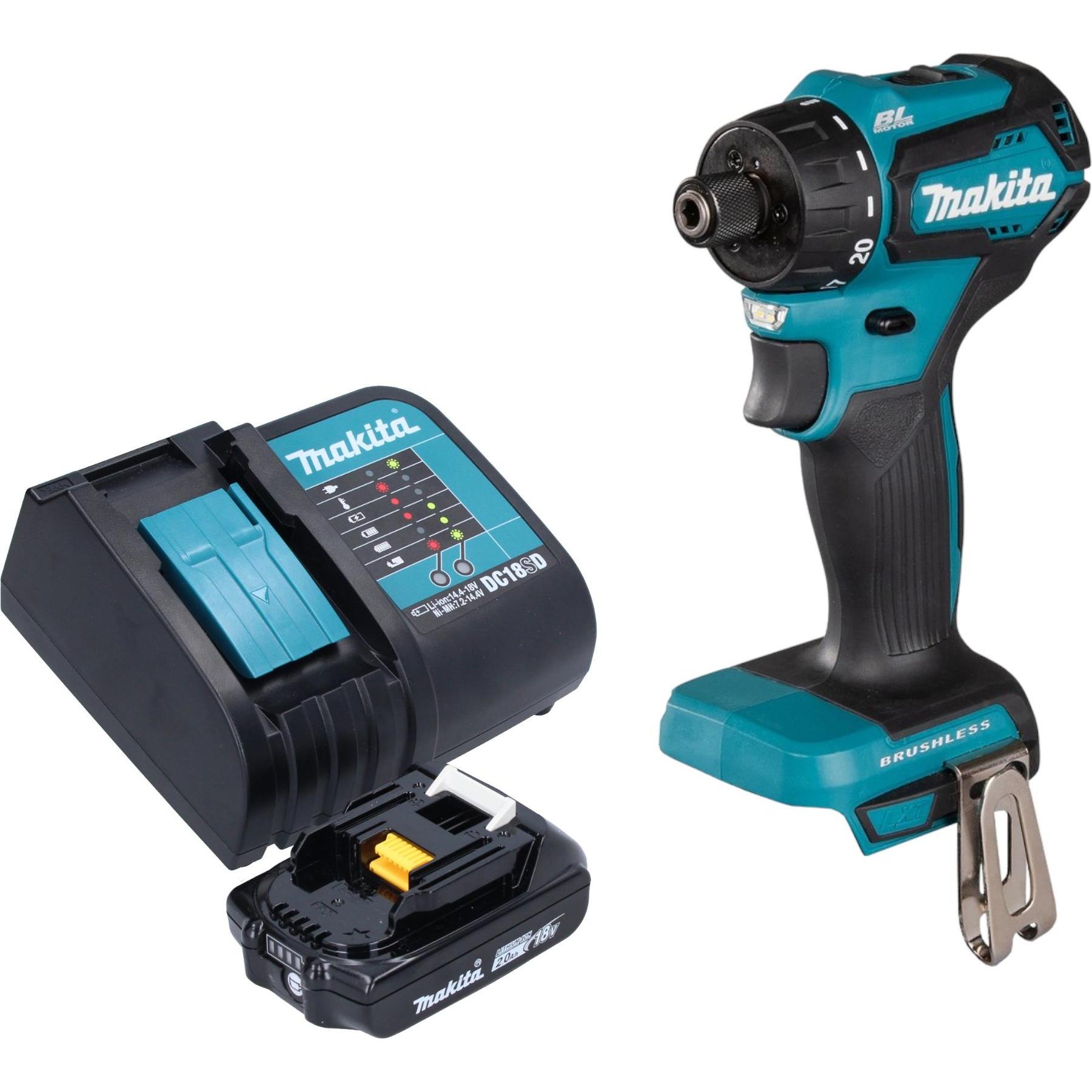 Makita, Bohrmaschine + Akkuschrauber, DDF 083 SA1 Akku Bohrschrauber 18 V 40 Nm 1/4" Brushless + 1x Akku 2,0 Ah + Ladege...