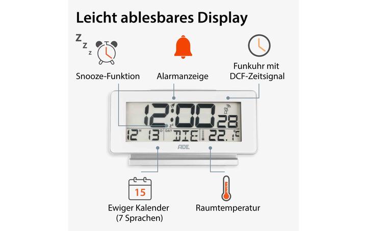 Actual product image ADE Digital alarm clock white, Functions: Snooze function