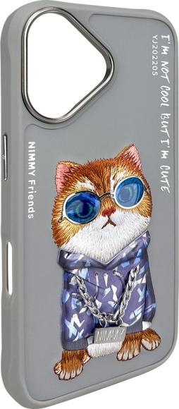 Actual product image Mocco Nimmy case iPhone 16 6.1" gray Glasses Cool Cat (Apple iPhone 16)