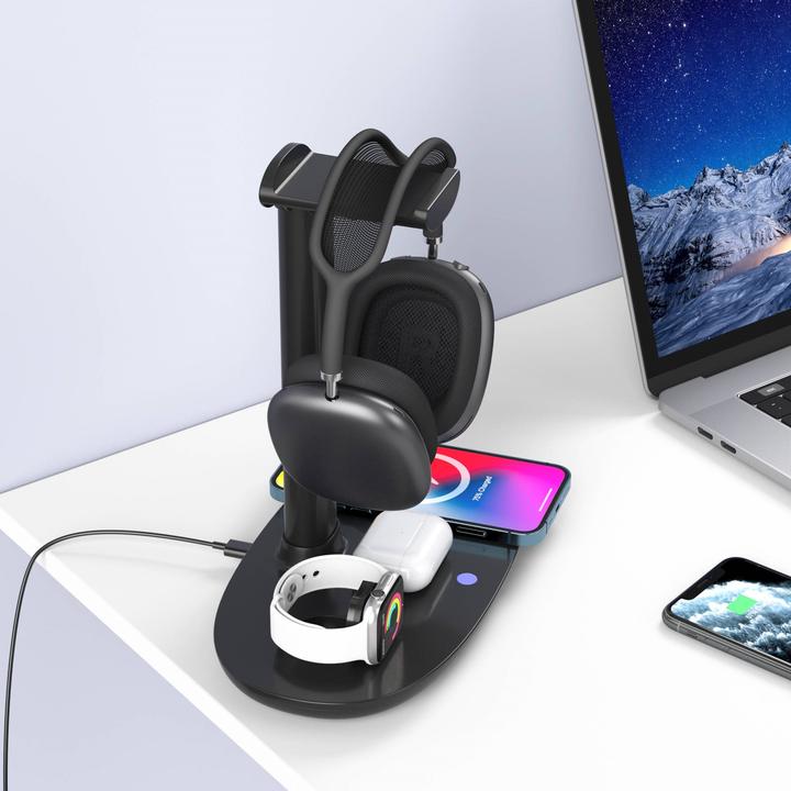 Produktbild PhoneLook 4 in 1 moderne 30W Ladestation wireless mit Kopfhörerhalterung für AirPods Max, iPhone, AppleWatch (30 W)