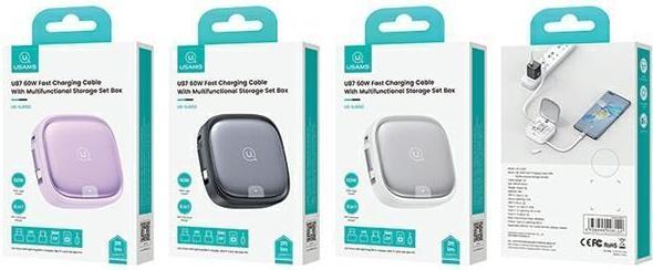 Produktbild Usams Kabel rozwijany 3w1 z pudełkiem MicroUSB/USB-C/Lightning 60W fioletowy/purple SJ650USB03 (US-S (1 m, 60 W)