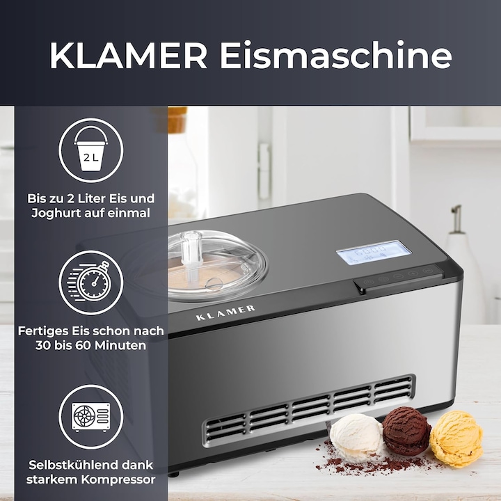Produktbild KLAMER 2-in-1 Eismaschine & Joghurtbereiter 2 L, 180 W