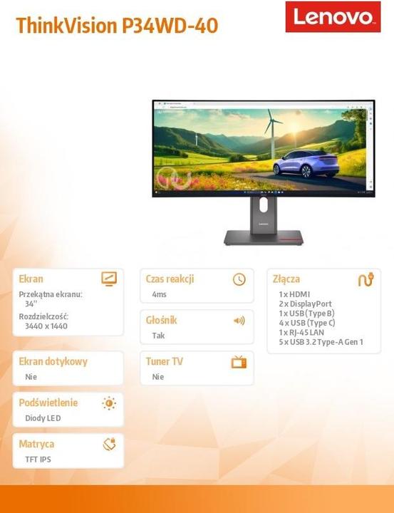 Image du produit Lenovo ThinkVision P34WD-40 (3440 x 1440 pixels, 34")