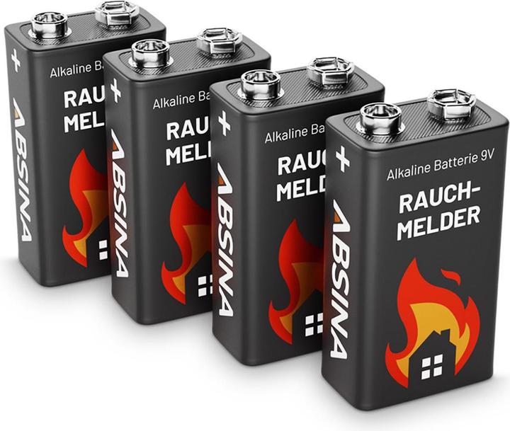 Actual product image Absina Battery 9V 6LR61 block batteries ideal for smoke detectors, pack of 4 (4 pcs., 9V Block)