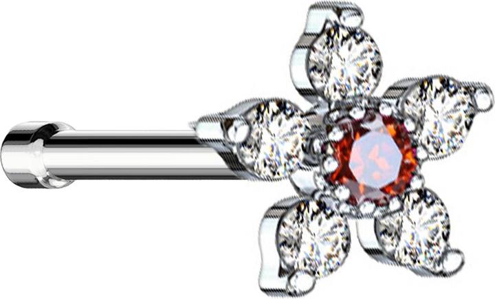 Produktbild Star Piercing Nasenstecker gerade silber Blume mit Kristall rot und silber (Messing, Chirurgenstahl 316L)
