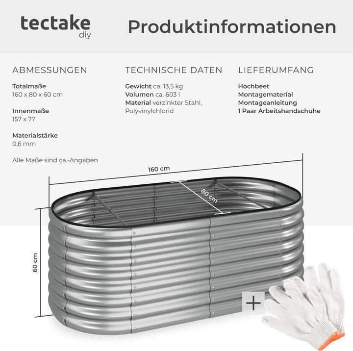 Image du produit tectake Jardinière surélevée Flormma, 603l, galvanisé, 160x80x60cm
