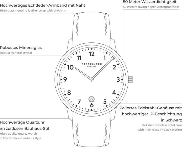 Actual product image Sterzinger Mens Quartz Watch Urban Genuine Leather Black - 30474 (Analogue wristwatch, 38 mm)