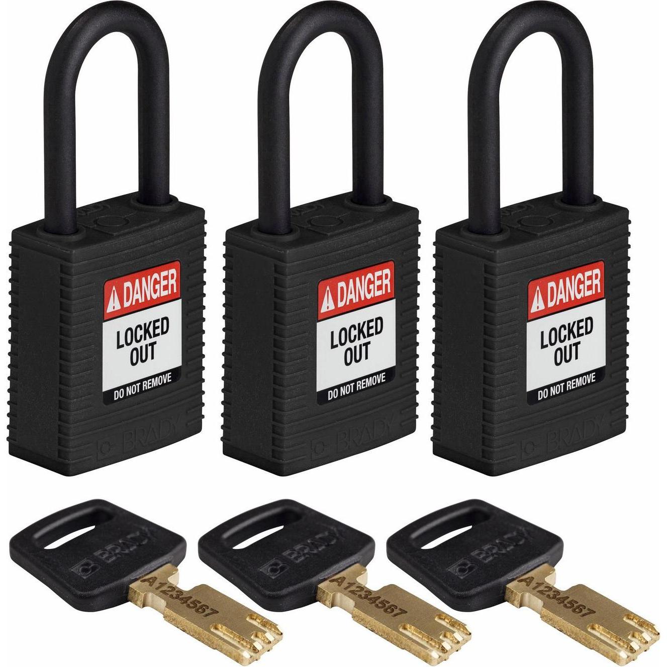 Brady, Vorhängeschloss, Safekey Nylon-Sicherheitsschloss mit Nylonbügel, Schwarz, 38 mm Bügelhöhe, 6.4 mm Bügeldurch