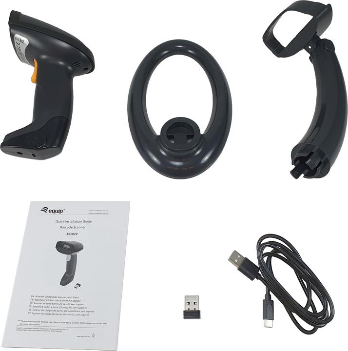 Produktbild equip Barcode Handscanner 2D Laser mit Halterung 2.4GHz sw (QR-Code, 2D-Barcodes, 1D-Barcodes)