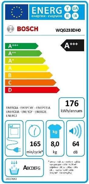Label énergétique Bosch Hausgeräte WQG 233 DH 0 Sèche-linge avec pompe à chaleur 8kg A+++ AutoDry SensitveDry (EX) (8 kg, Droite)