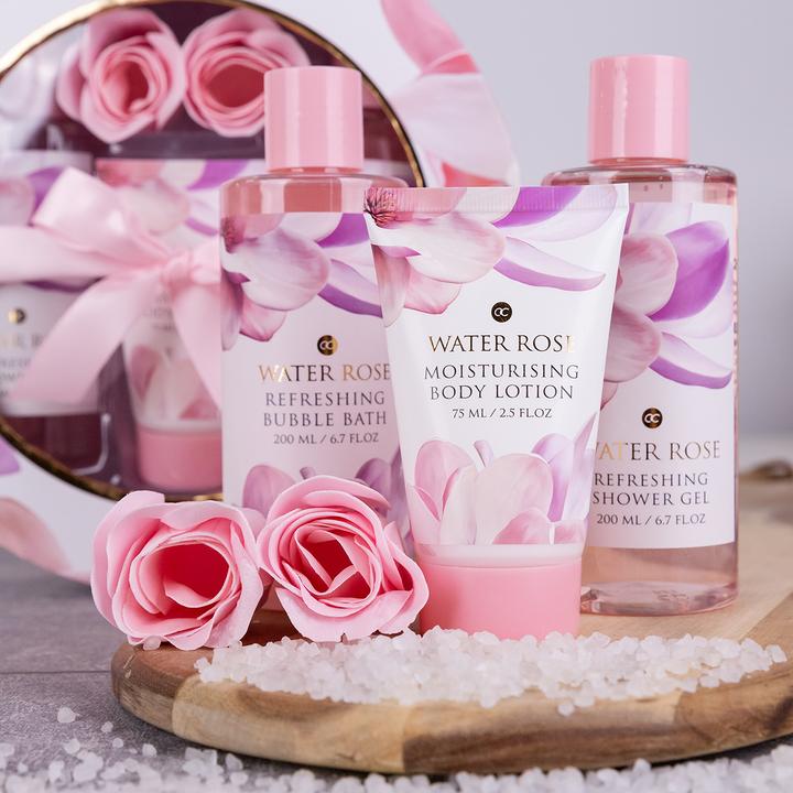 Actual product image Accentra WATER ROSE bath set in gift box, incl. 200ml shower gel, 200ml bubble bath, 75ml body lotion, 2 x (Body care set, Hair care set)