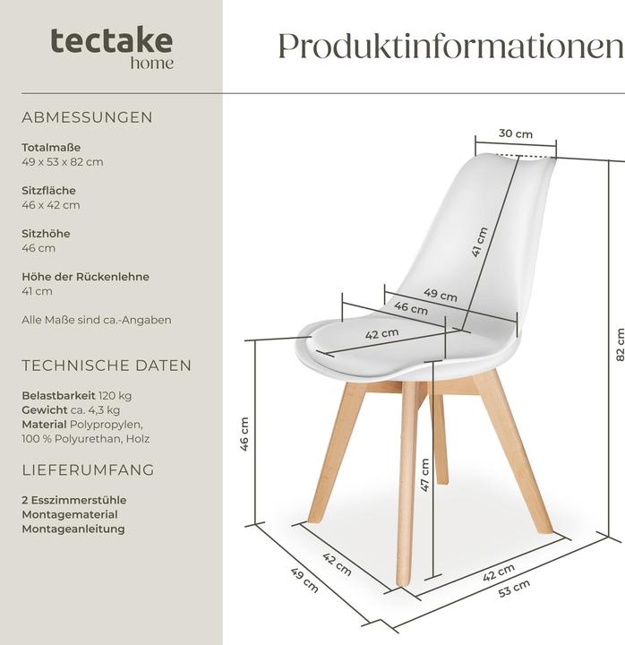 Actual product image tectake Dining Chairs Frederikke - padded, ergonomic shape, wooden legs