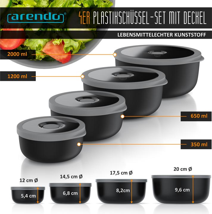 Produktbild Arendo Rührschüssel 4er Plastikschüssel-Set mit Deckel (20 cm, 2 l, 4 x)