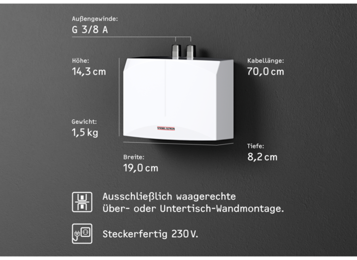 Actual product image Stiebel Eltron DEM 3 Electronic mini instantaneous water heater for hand basin only, 3.5 kW, with plug, VDE