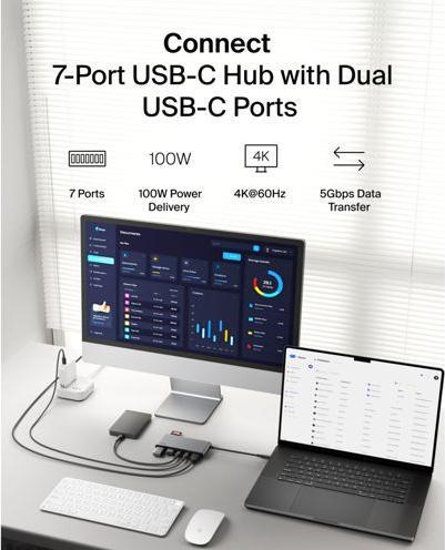 Image du produit Belkin Connect 7-In-1 USB-C Hub Mit Dual USB-C Ports Silber (USB-C, 7 ports)