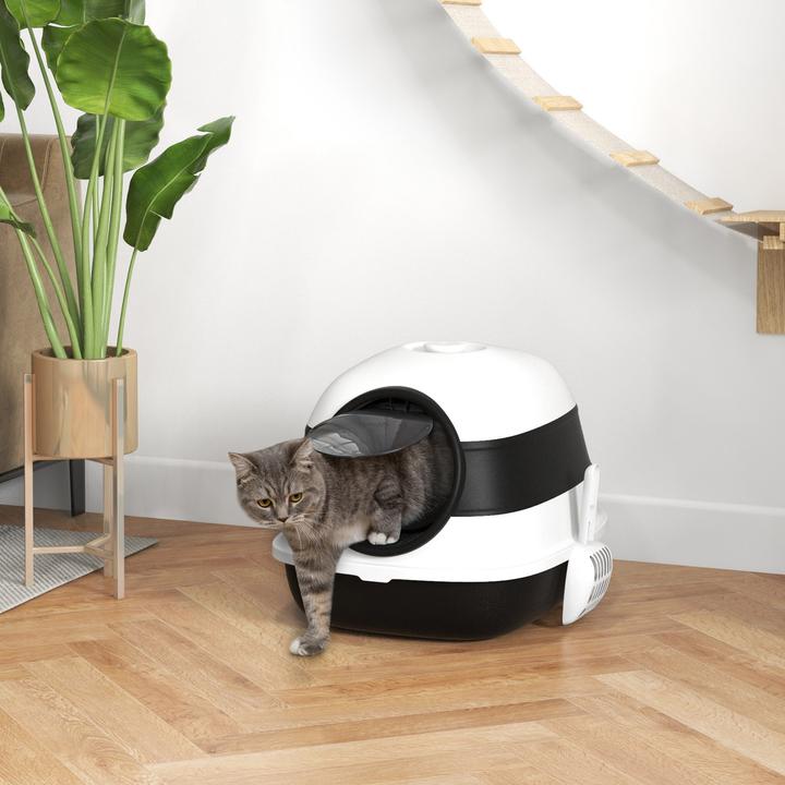 Actual product image PawHut Katzentoilette Kunststoff Weiss+Schwarz (Cat litter box closed)