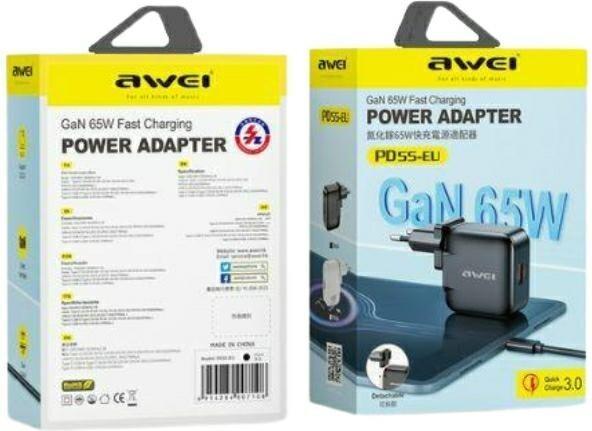 Actual product image Awei ład. siec. PD55-EU 65W USB + USB-C czarna/black GaN (65 W, 2 ports)