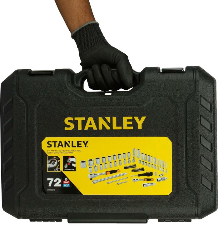 Produktbild Stanley Steckschlüsselsatz, 72-teilig, 1/2 Zoll, 1/4 Zoll, Vierkant, Typ Steckschlüssel- und Ratsch (21 mm)