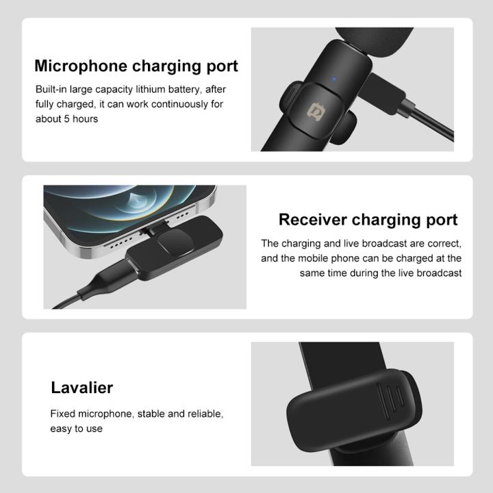 Produktbild Puluz Wireless Lavalier Noise Reduction Reverb Microphone for 8-Pin Device, Support Phone Charging (Black)