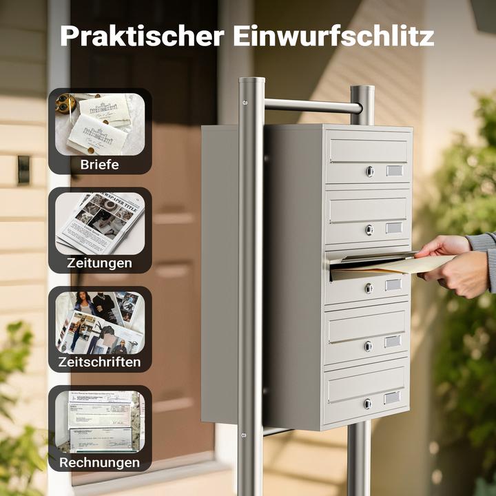 Produktbild Wiltec 5er Briefkastenanlage Edelstahl 513x270x1500mm Standbriefkasten Post
