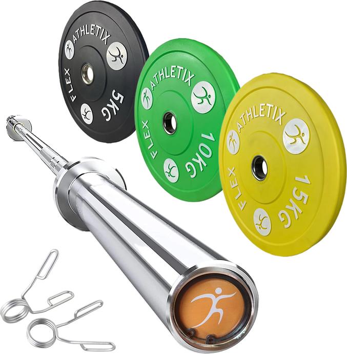 Image du produit FlexAthletix Ensemble de plaques de butoir & haltère long (2 x 5 kg, 2 x 15 kg, 2 x 10 kg)