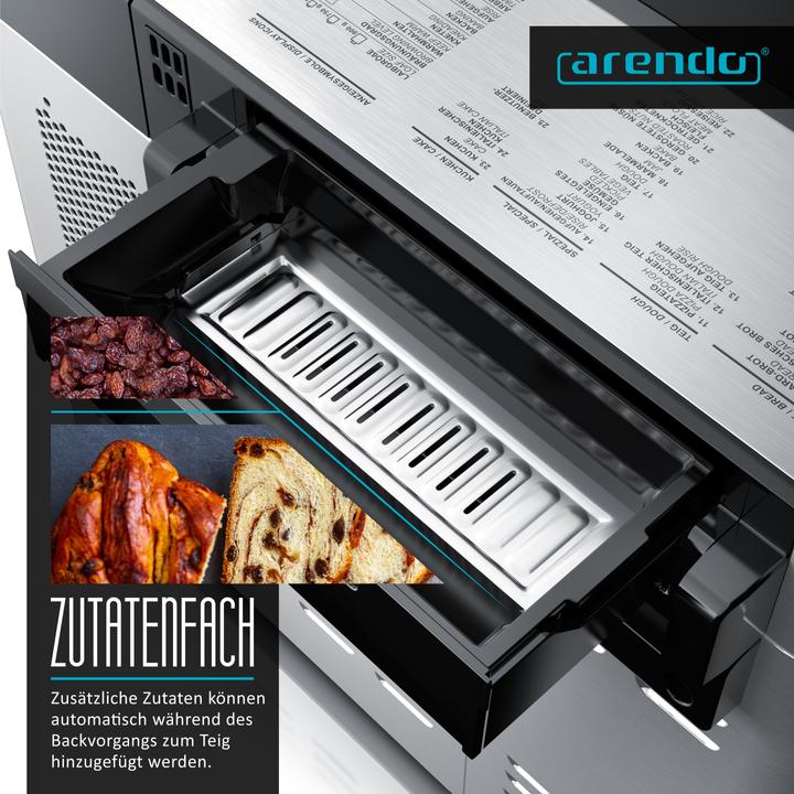 Produktbild Arendo Brotbackautomat, 25 Programme, 550 W, Brotbackmaschine, automatisches Zutatenfach, 1 kg Kapazität