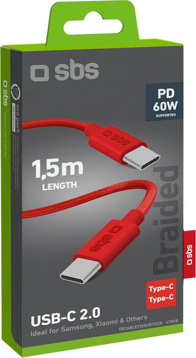 Produktbild SBS Tissue cable Type-C to Type-C 1.5m Rot (1.50 m, USB 2.0, 60 W)