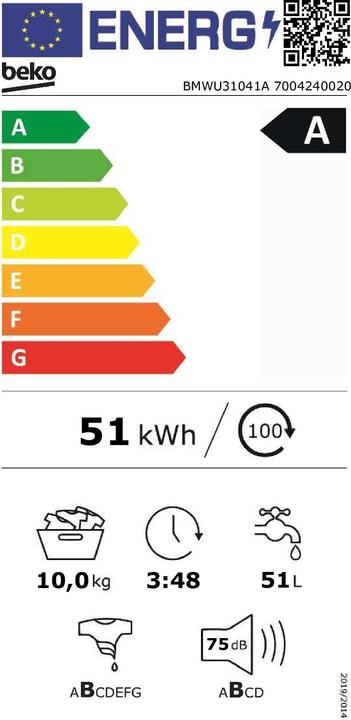 Energie-Label Beko BMWU31041A Waschmaschine 10 kg Klasse A (10 kg, Links)