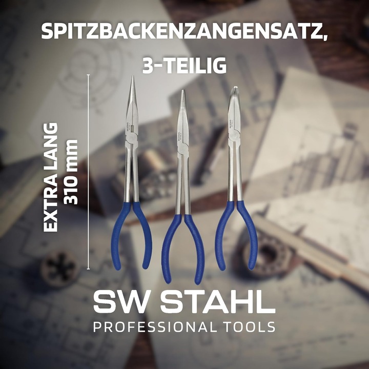 Produktbild SW-Stahl 40710L Spitzbackenzangensatz 3-teilig I Spitzzange Set I extra lange Spitzzange 310 mm I Za (310 mm)
