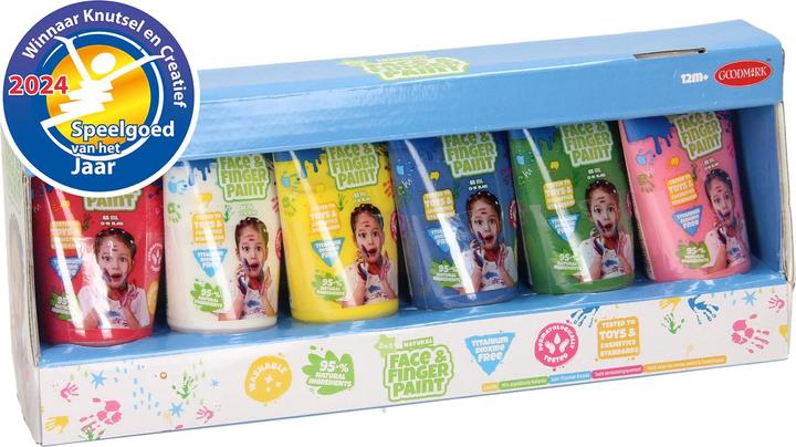 Productafbeelding Goodmark Natuurlijke gezichts- en vingerverf - 65 ml per flesje, verpakking van 6 - wit, rood, geel, groen