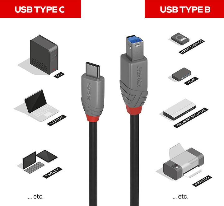 Immagine prodotto Lindy Cavo USB 3.2 da tipo C a B, linea Anthra (3 m, USB 3.2 Gen 1)