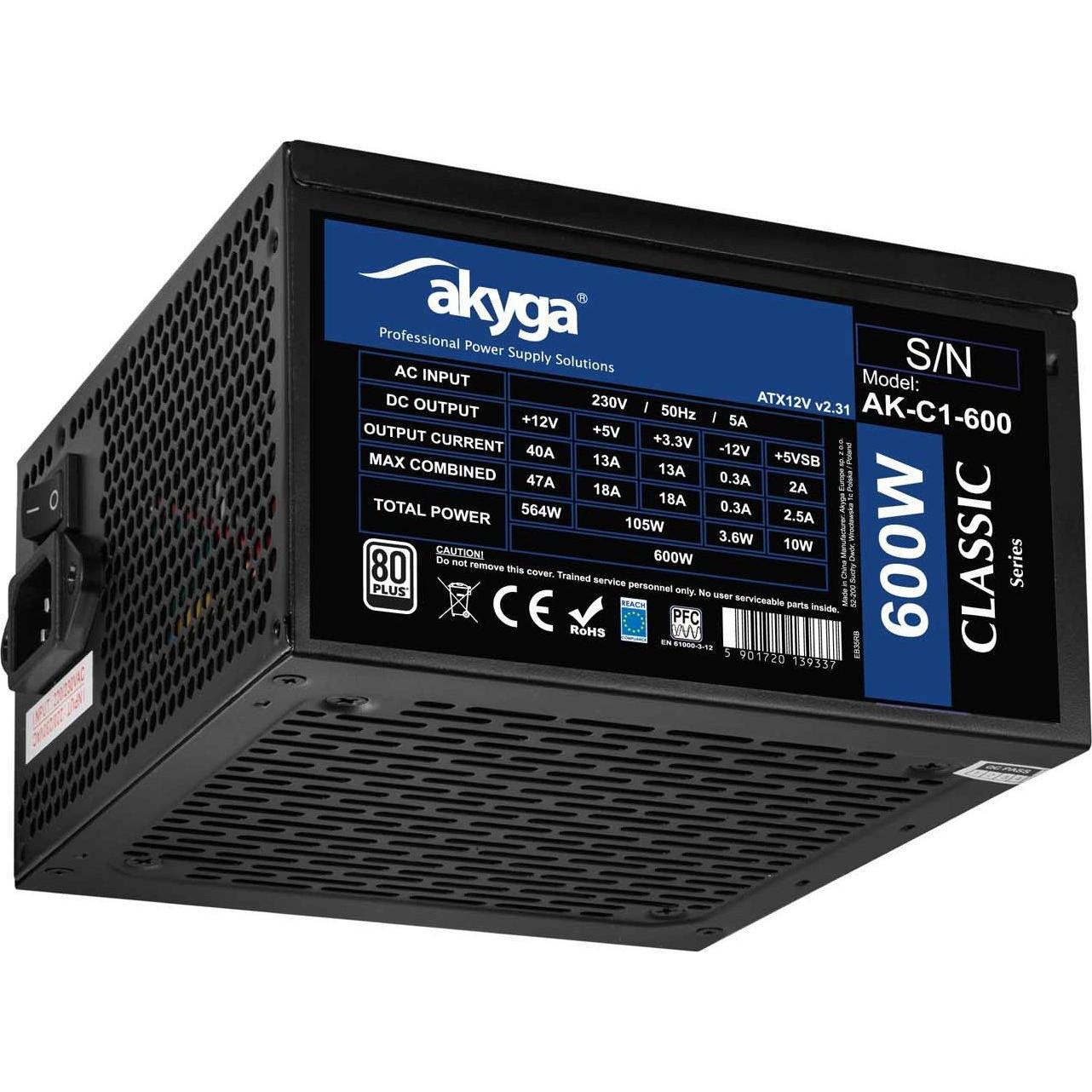 Akyga Zasilacz ATX AK-C1-600 P4+4 2x PCI-E 6+2 pin 5x SATA 3x Molex APFC FAN (600 W), PC Netzteil