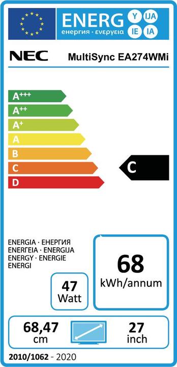 Label énergétique NEC Moniteur MultiSync EA274WMi Écran LCD 68,5 cm (27"") noir (60003493) (2560 x 1440 pixels, 27")