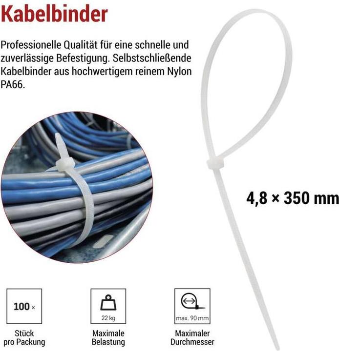 Produktbild Emos Kabelbinder 350×4,8, weiss, 100 Stk (350 mm, 100 Stk.)