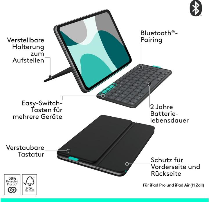 Immagine prodotto Logitech Flip Folio (CH, iPad Pro 11 2024 (M4), iPad Air 11 2024 (M2), iPad Air 11 2025, iPad Air 2022 (5a generazione))