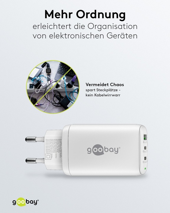 Immagine prodotto Goobay Caricabatterie rapido USB-C PD a 3 vie multiport 65 W bianco (65 W)