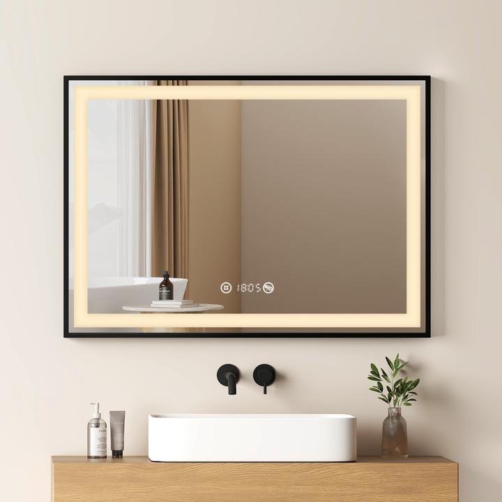 Produktbild Emke Badspiegel mit Beleuchtung 70*50cm,Beschlagfrei, Temperatur und Uhr Kaltweiss(6500K), Dimmbar (50 x 70 cm)